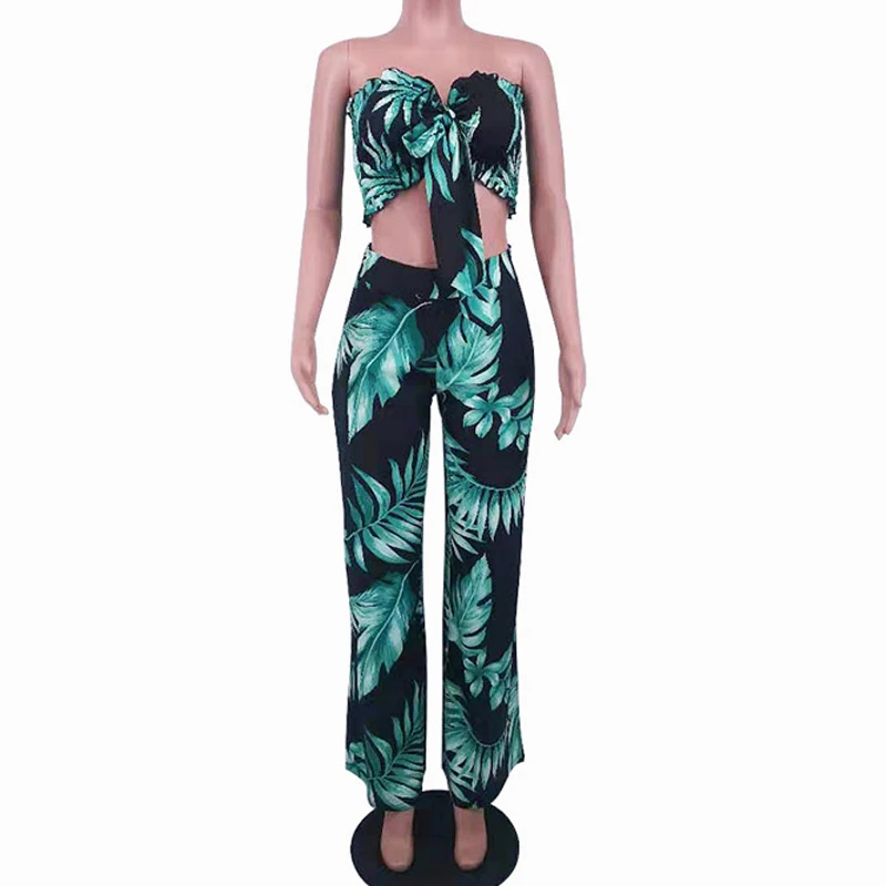

Two Pieces Pants Sets Women Strapless Bowknot Top & Wide Leg Pants Suit