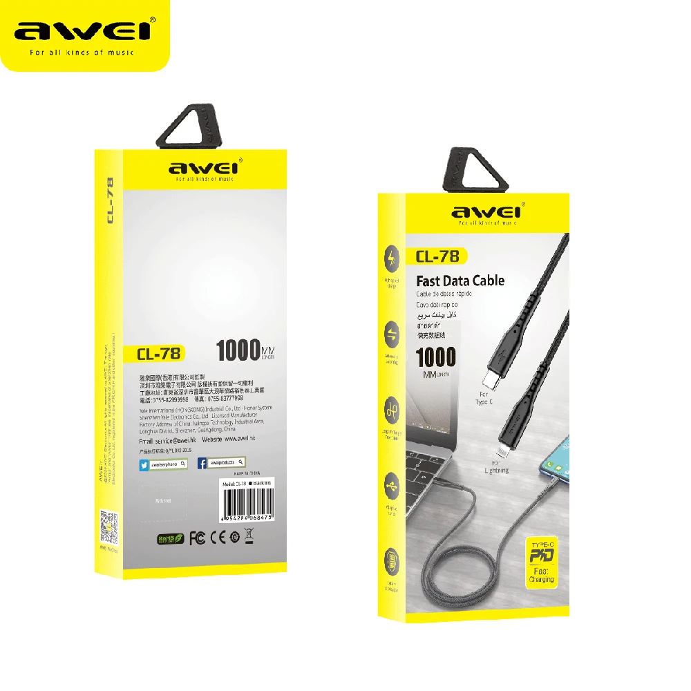 

Awei USB C Phone Cables Type-C PD 3.0 18W Fast Charging Data Cable For iP 11, iP 12 Pro Max Laptop ,Pad Quick Charging Cable