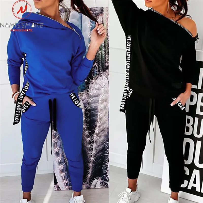 

2 Piece Outfit for Women Zipper Pockets Decor Irregular Collar Long Sleeve Solid Top+Drawstring Waist Slim Casual Loose Trousers