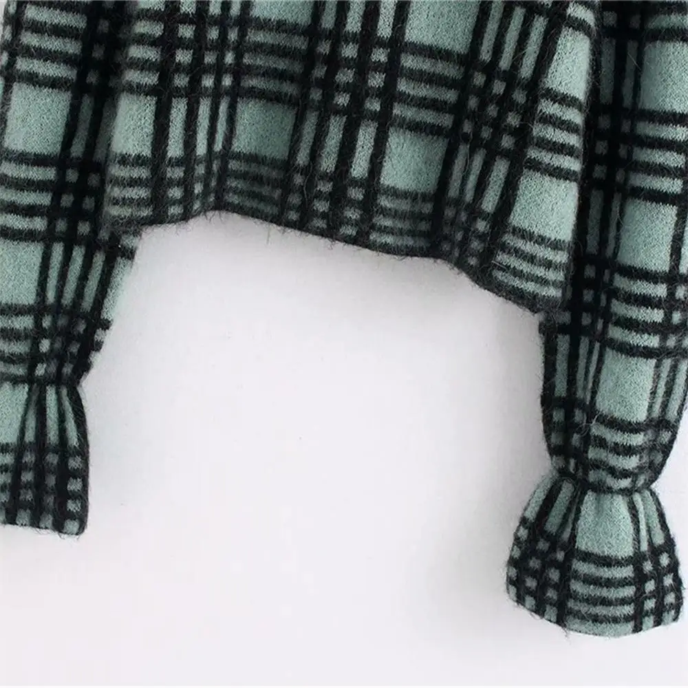 

Za women's new stand collar long sleeve elastic cuffs laminated decorative fabric Plaid knitted sweater in early spring 2020