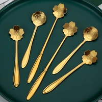 tea coffee mixing spoon gold spoon long handle dessert stainless steel vintage teaspoons drink tableware flowers design 1pcs