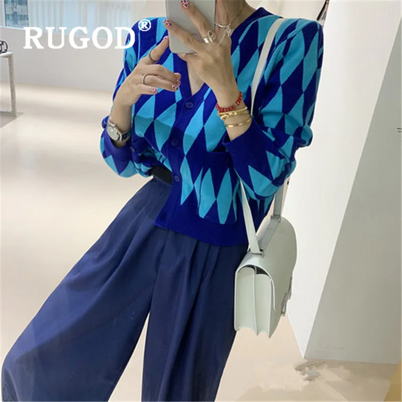 

RUGOD 2019 Korean Style V-neck Sweater Women Contrast Color Single Breasted Geometric Cardigans Casual Lady Pull Femme Hiver