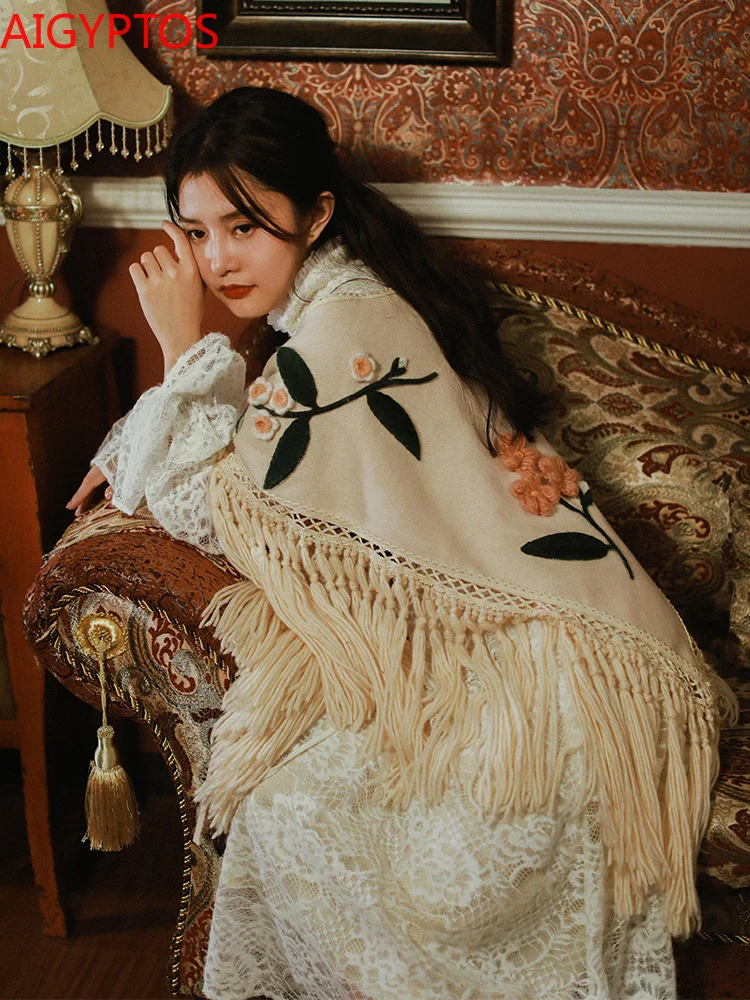 Женская винтажная накидка с кисточками вязаная цветами в национальном стиле