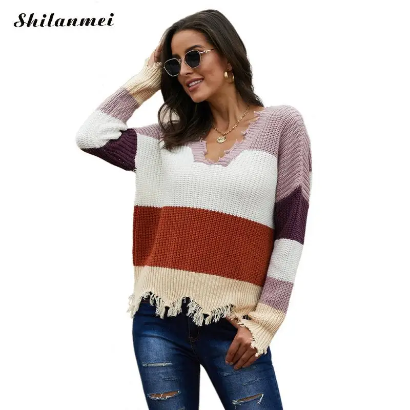 Свитер Женский вязаный с V-образным вырезом длинным рукавом | Женская одежда