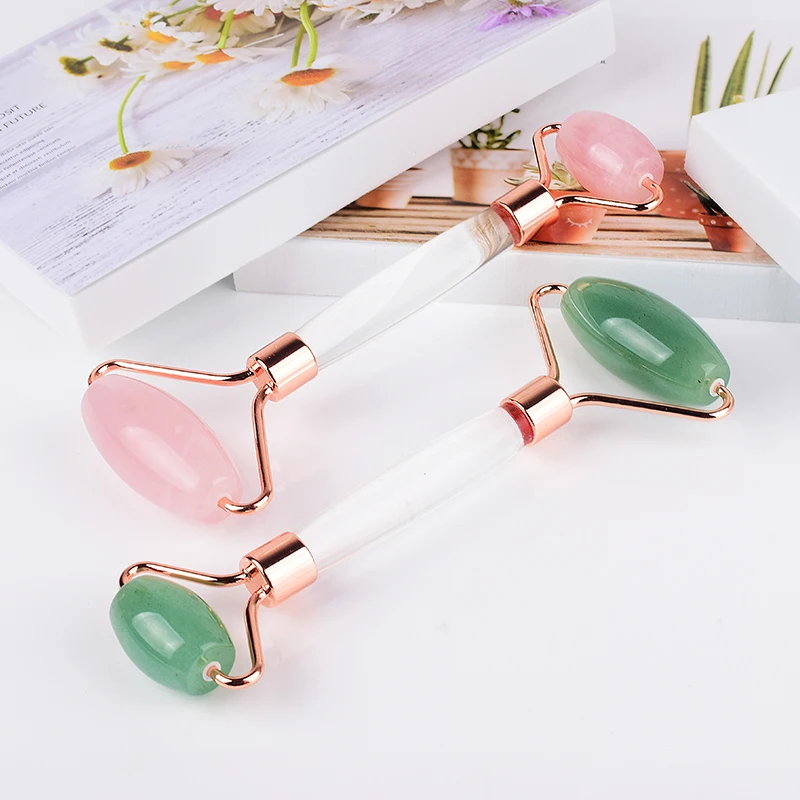 

Natural Stone Facial Roller With PMMP Rod Mute Anti-Black Massager Rose Quartz Crystal Face Care Massage Neck Beauty Health Tool