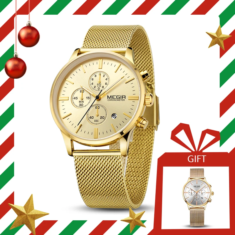 Reloj Hombre MEGIR Роскошные Брендовые Часы для мужчин золотой цвет хронограф кварцевые часы для влюбленных человек набор часов Montre Homme Relogio Saat