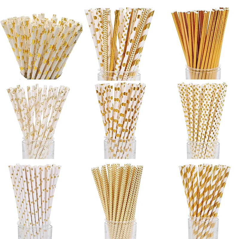 

25pcs Disposable Paper Straws Gold Striped Stars Drinking Straw Birthday Party Decorations Kids Baby Shower Wedding Party Decor