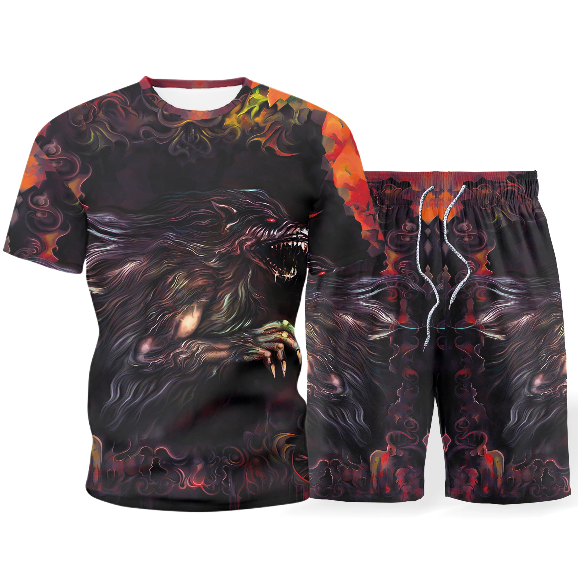 

2021 Men's Summer Casual Suit 3D Printing New Harajuku Short-sleeved Two-piece Street Sports Stretch T-shirt + Shorts Suit