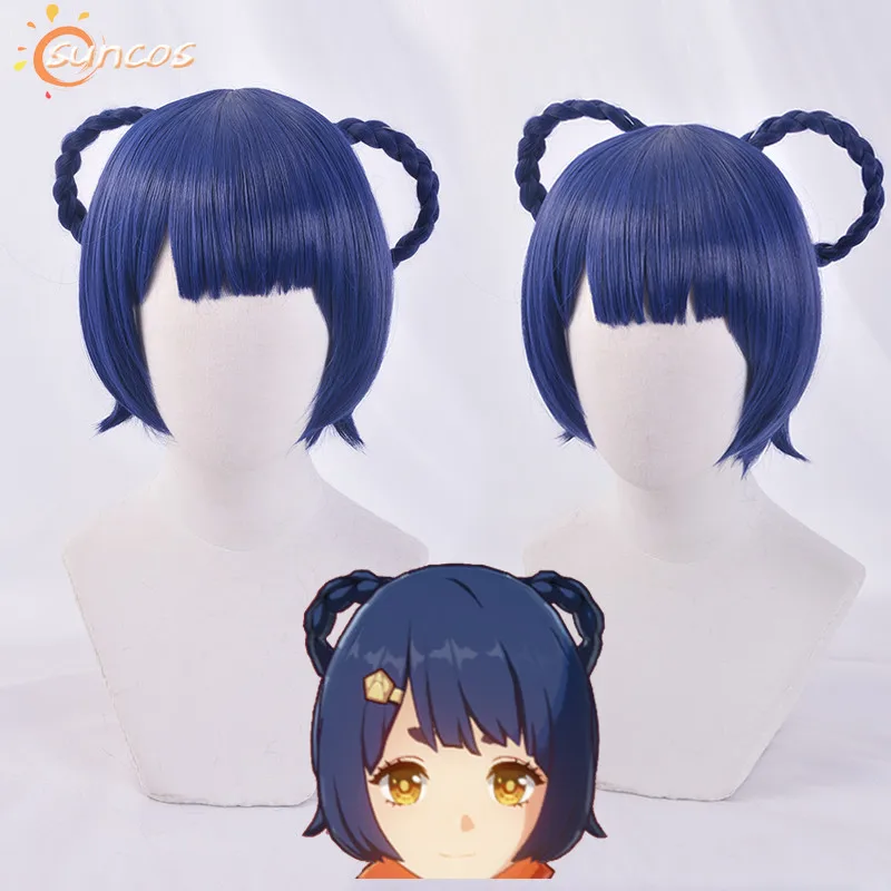 

Game Genshin Impact XiangLing Cosplay Wig Dark Blue Short Cosplay Wig Braided Wigs Heat Resistant Synthetic Hair + Wig Cap