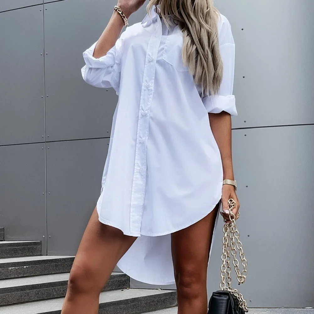 

Oeak Autumn Women Shirts White Plain Loose Oversized Blouses Female Tops Loose BF Korean Style Blusas Pockets Harajuku Tops