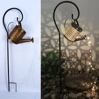 outdoor solar watering can ornament lamp garden art light decoration hollow out iron shower led lights string garden decorations