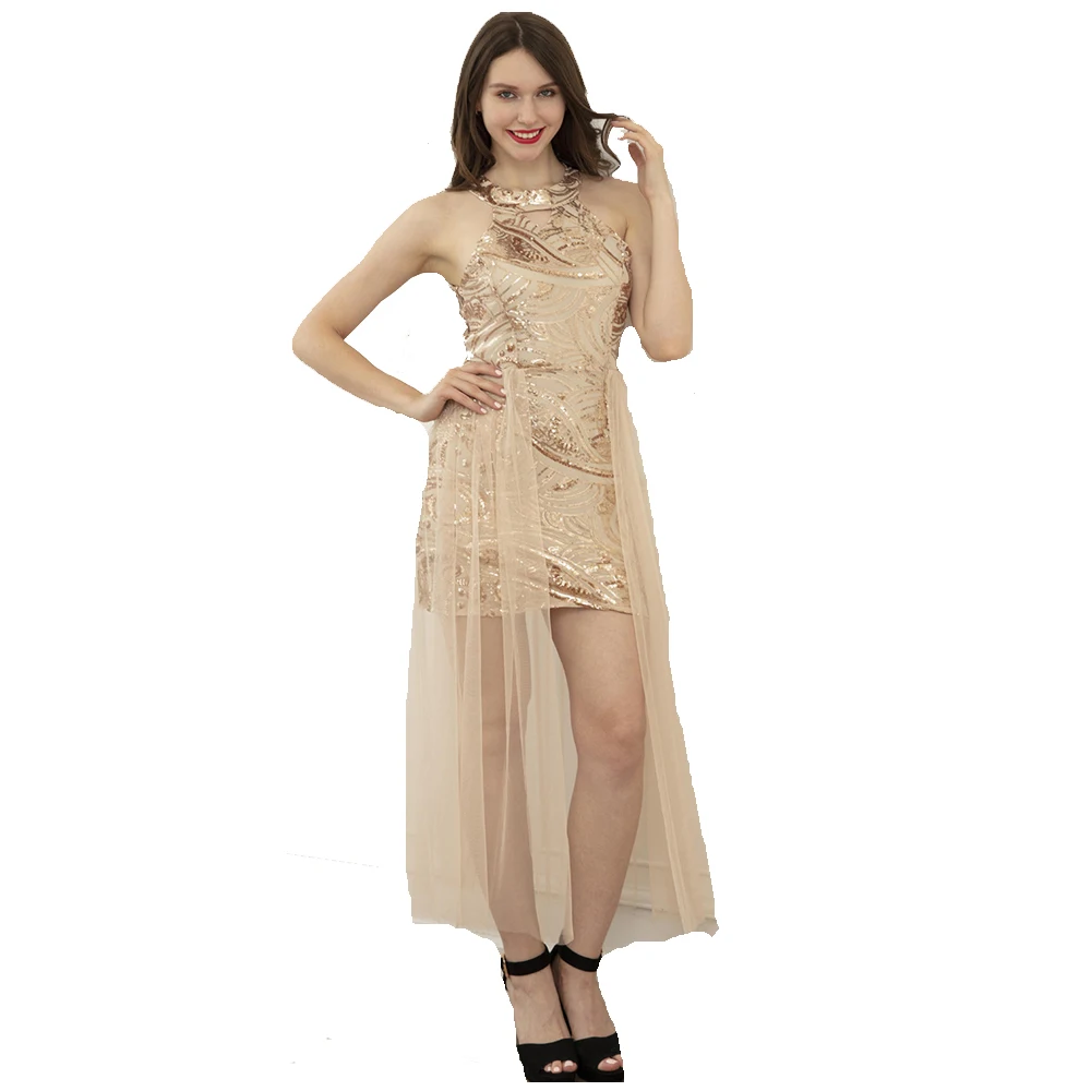 

Graceful Women Halter Sequin Sleeveless Gauze Splicing Lap Mini Length Slim Dress For Party Wedding Club Vestido European FS1292