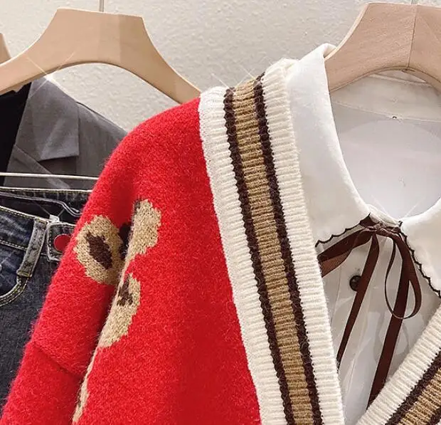 

Women Sweaters 2021 Fashion Knitted Cardigan Oversized Outwear Long Sleeve Casual Catoon Bear Cute Cardigan Coat w452