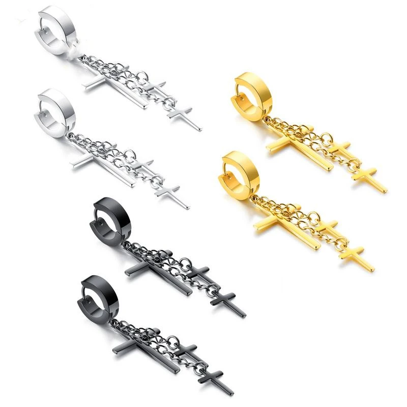 

European American Fashion Long Tassel Butterfly Earrings For Women 2021 Stainless Steel Color Gold Black Crosses Man Eardrop