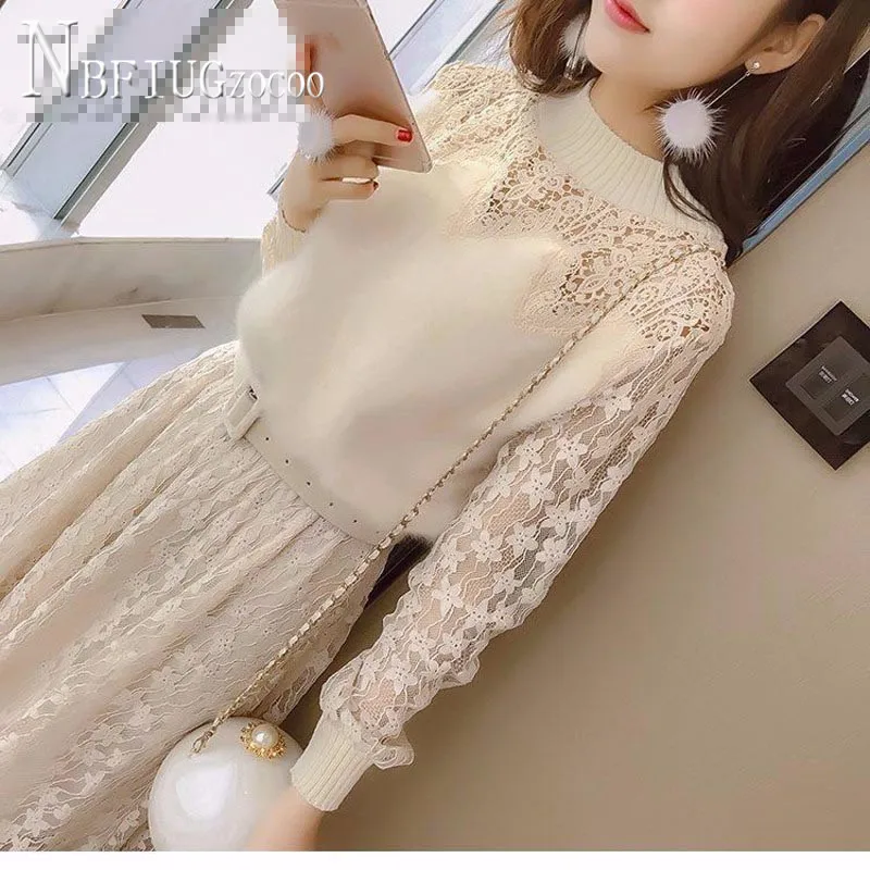 

2019 Autumn Winter Lining With Fluff Women Dress Lace Female Bottoming Dresses