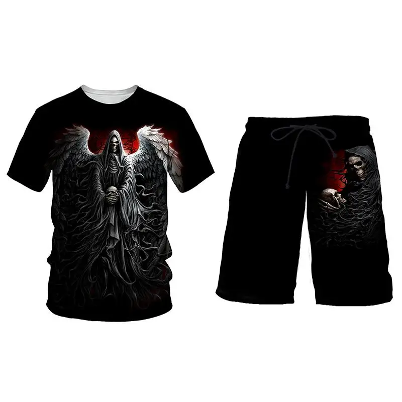 

Men suit black white stitching T-shirt + shorts suit 3D printing animal T-shirt Harajuku wolf tshirt shorts fashion hipster wear