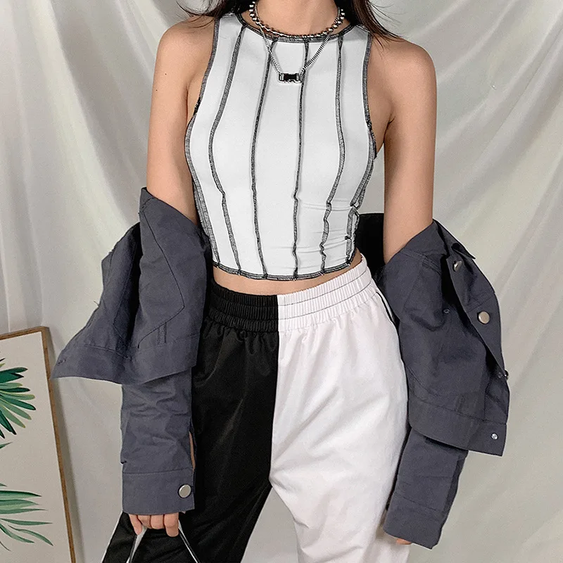 

Women Striped Tank Top Autumn Winter Casual Harajuku Elastic Shirt Fitness Vest Sleeveless Round Neck Sexy Crop Top Camis