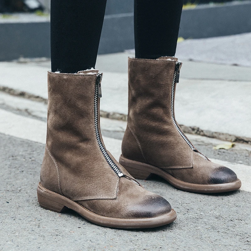 

ISNOM Snow Boots Women Genuine Leather Ankle Boots Zip Shoes Female Square Toe Shoes Ladies Low Heels Wood Shoes 2020 New