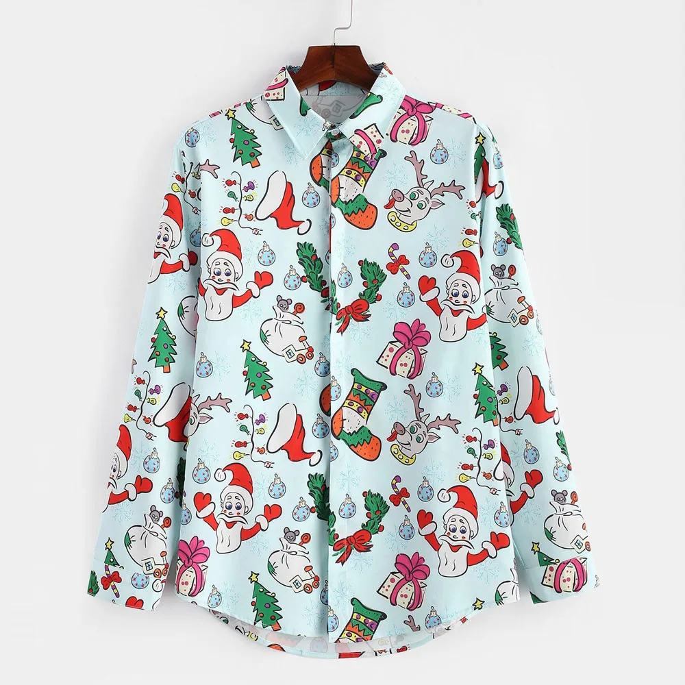 Весенне осенняя мужская рубашка Повседневная Уличная Рождественская елка тема с