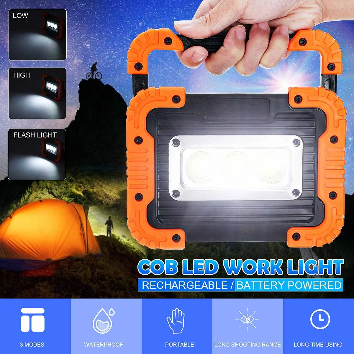 

COB LED Portable Spotlight Led Lamps 3 Modes Adajustable Super Bright Led Work Light Rechargeable&Battery for Camping Led Lampe