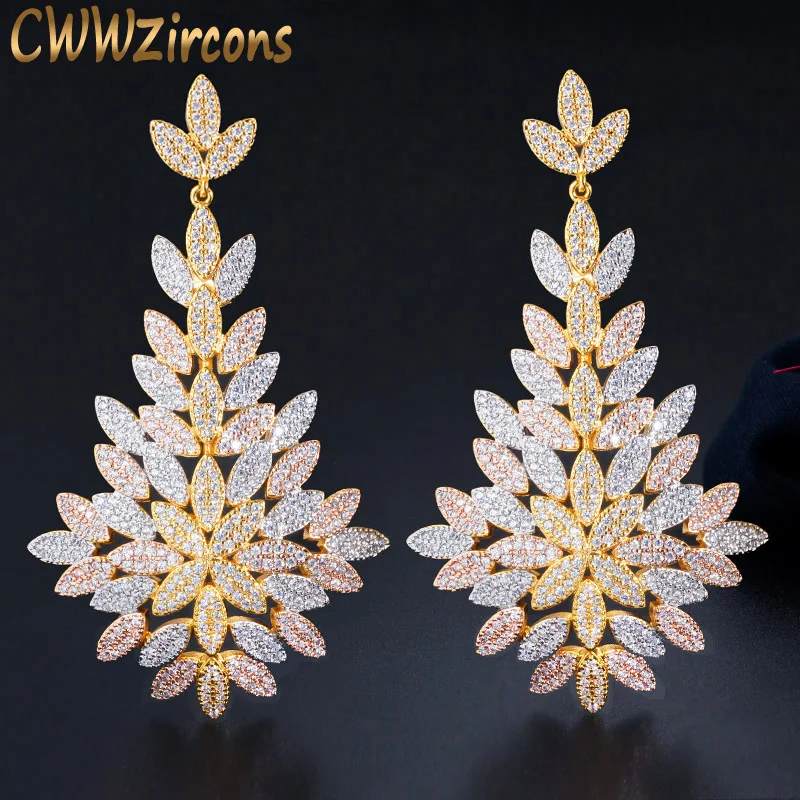 

CWWZircons Luxury Exclusive CZ Leaf Drop Big Statement Long Wedding Earring 3 Tone Gold Color Dubai African Brides Jewelry CZ676