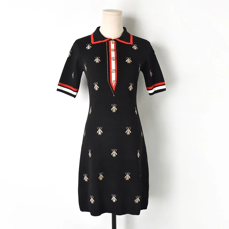 Элегантное трикотажное платье 2019 с отложным воротником коротким рукавом и