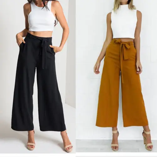 

Zoulv 2021 Summer Autumn Solid color Fashion Womens Palazzo Pants Culottes Loose High Waist Wide Solid Leg Long Trousers