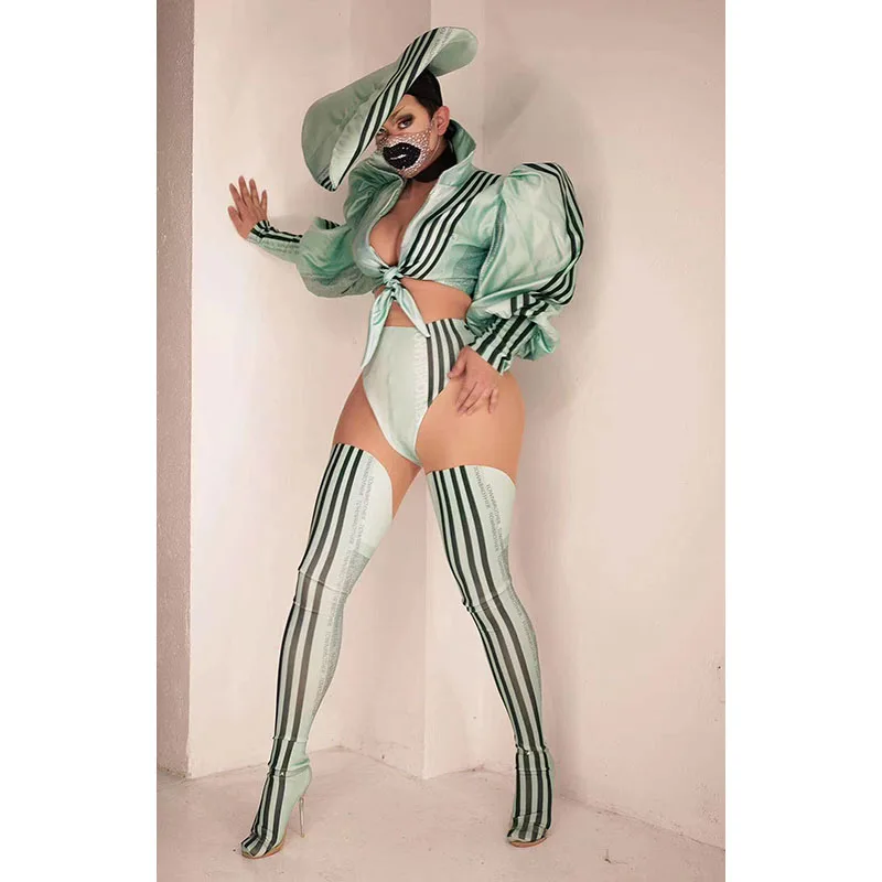 

Шорты с шалью с зеленым принтом, женский костюм на бретелях, DS Rock Band, одежда для танцоров для шоу, выпускного вечера, новинка, комплект, костюм...