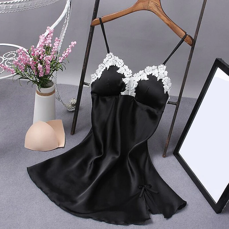 

Ladies clothing Sexy Lace Patchwork Silk Comfortable Sling Sleeveless Dress Solid Color Dress 2020