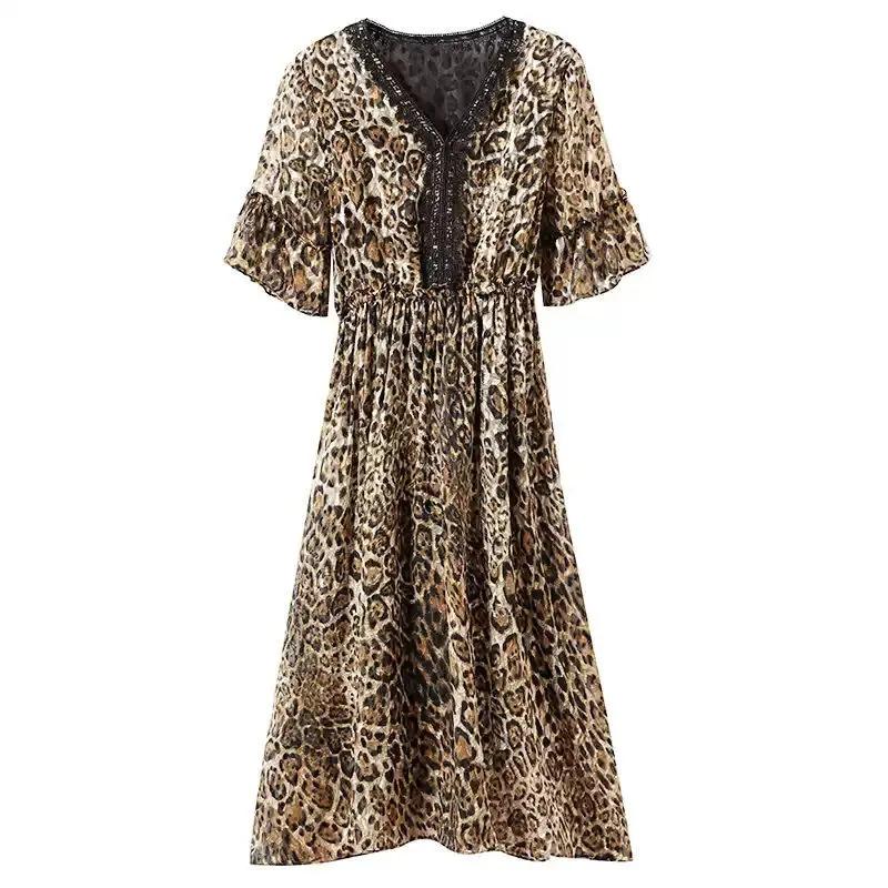 

High End Brand Silk Dress 2021 Summer New Female V-neck Leopard Pattern Slim Mulberry Silk Medium Length A-line Dress