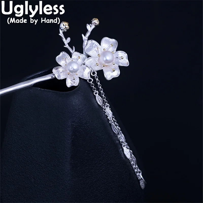 

Uglyless Exotic Tassels Hair Jewelry for Women Romantic Pearls Floral Hair Sticks Real 925 Sterling Silver Flower Hair Accessory