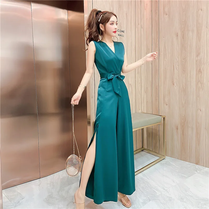 

Fashion women's jumpsuit 2021 summer new temperament V-neck high-end satin one-piece split wide-leg pants