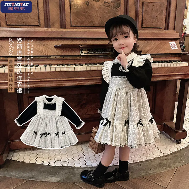 

Kids Spanish Vintage Clothing Girls Lotia Dress Baby Korea Autumn Clothes Children Black Long Sleeve princess Dress with Lace