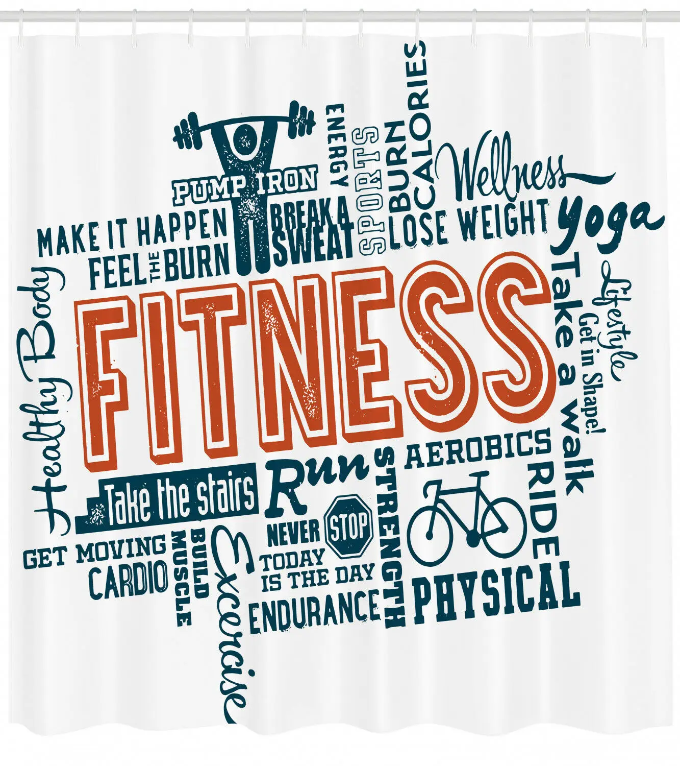 

Fitness Shower Curtain Retro Words Lifestyle Print for Bathroom
