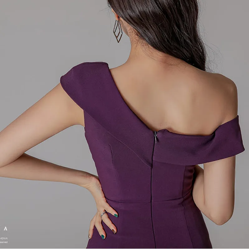 

High Quality Women Sexy One Shoulder Sheath Pencil Purple Dress Lady OL Office Party Simple Elegant Slim Summer Dresses