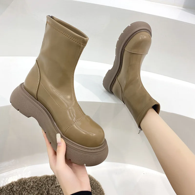 

Women Autumn Winter Fashion Mid-calf Boots Female Platform Thick Bottom Zip Shoes Ladies Solid Casual Comfortable Footwear