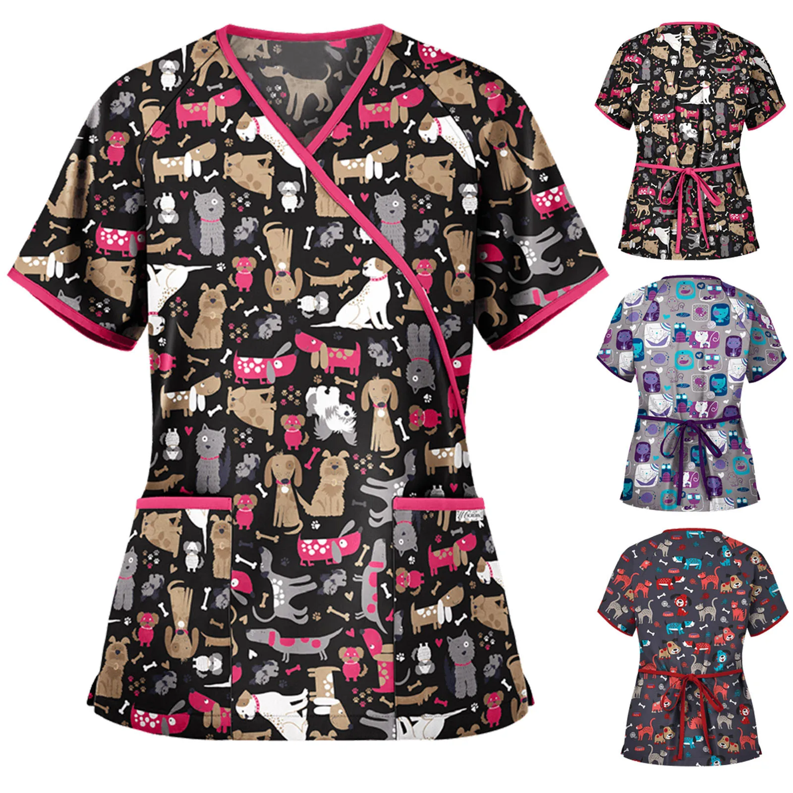 

Women Animal Printing Short Sleeve Valentine V-neck Tops Nursing Working Uniform+Corset String Plus Blouse 2021 Summer Blusas