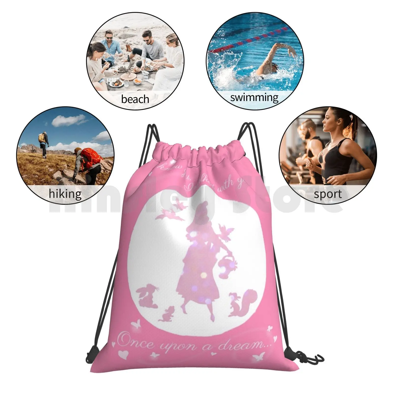 

Once Upon A Dream ( Make It Pink! ) Backpack Drawstring Bag Riding Climbing Gym Bag Sleep Band Beauty Princess Princesses