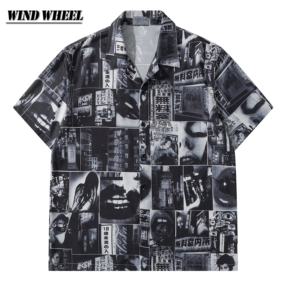 

Hip Hop Button Shirt Coats Japanese Posters Graphic Print Shirts Harajuku Streetshirt Men Summer Loose Casual Short Sleeve Tops