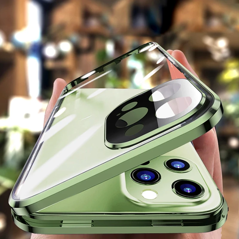 

360 Metal Magnetic Glass Case For iPhone 12Pro Max 12 12 mini 11Pro Max 11 Cases Double Sided Glass Magnet Full Protective Cover