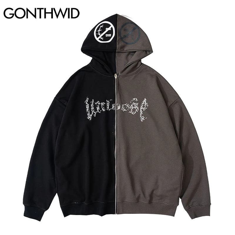 GONTHWID Hip Hop Zip Up Gothic Hoodie Jacket Hooded Sweatshirt Two Tone Punk Zipper Coat 2022 Mens Harajuku Autumn Cotton Jacket