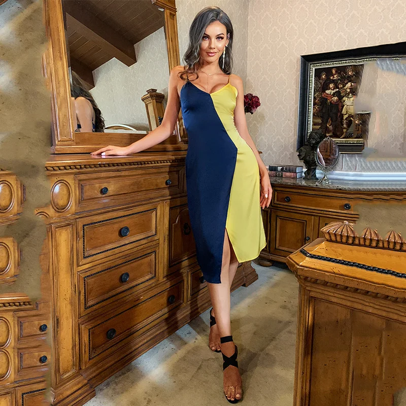 

Sexy Color Stitching Dress Two Color Satin Knee Length Women's Suspender Skirt