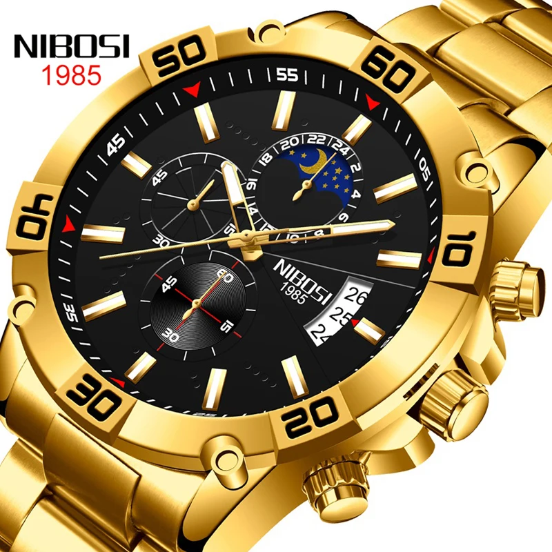 Часы наручные NIBOSI Мужские кварцевые, брендовые Роскошные спортивные полностью стальные водонепроницаемые с хронографом