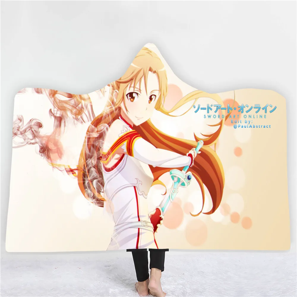 ?? 漫画アニメフード付き毛布剣アートオンラインフリースブランケット3D印刷キッズ大人のためのスローブランケットホームカスタムウェアラブル毛布