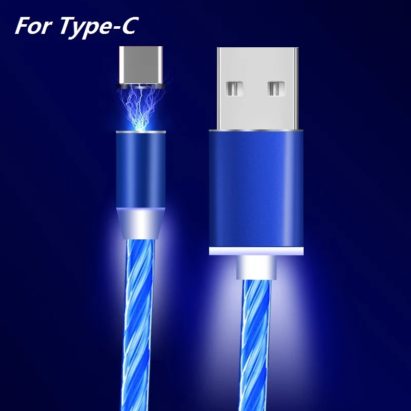 Магнитный зарядный кабель типа C, светящийся usb-кабель для iPhone XS Max XR X светодиодный USB C провод для быстрой зарядки для samsung huawei P20 - Цвет: Blue For Type C