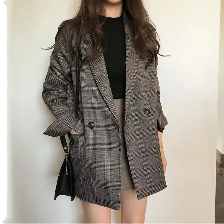 

Women's Check Long Sleeve Cotton Jacket Causual Vintage Coat Oversize Plaid Blazer 2021