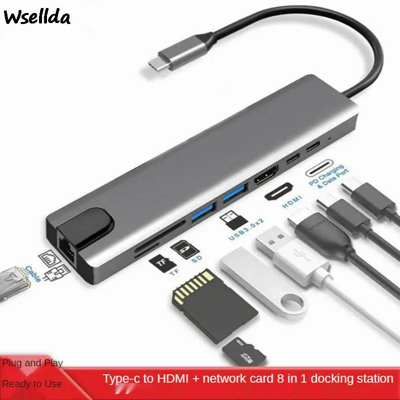 

Сетевая плата расширения 8-в-1 с разъемом Type-c на HDMI + хаб для ноутбука многофункциональная док-станция Plug And Play