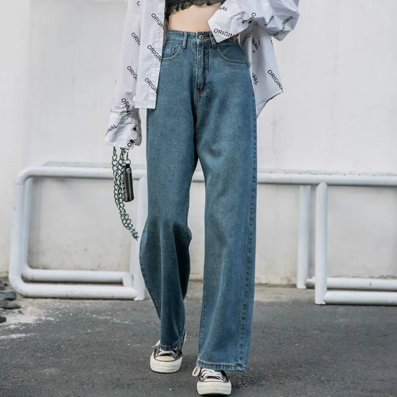 

Wide-leg Loos Women Denim Korean High Waist Pants Pockets New Large Size 5XL Retro Student Elegant Girl Jeans Trousers