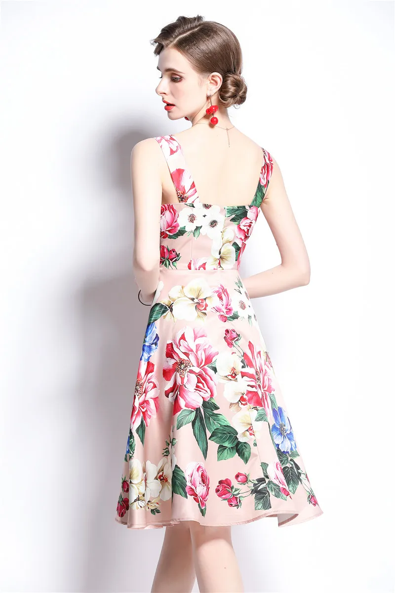 

Women Summer Designer Elegant Floral Spaghetti Strap Sexy Slim Office Lady Party Robe Female Vintage Pink Print Dress Vestidos