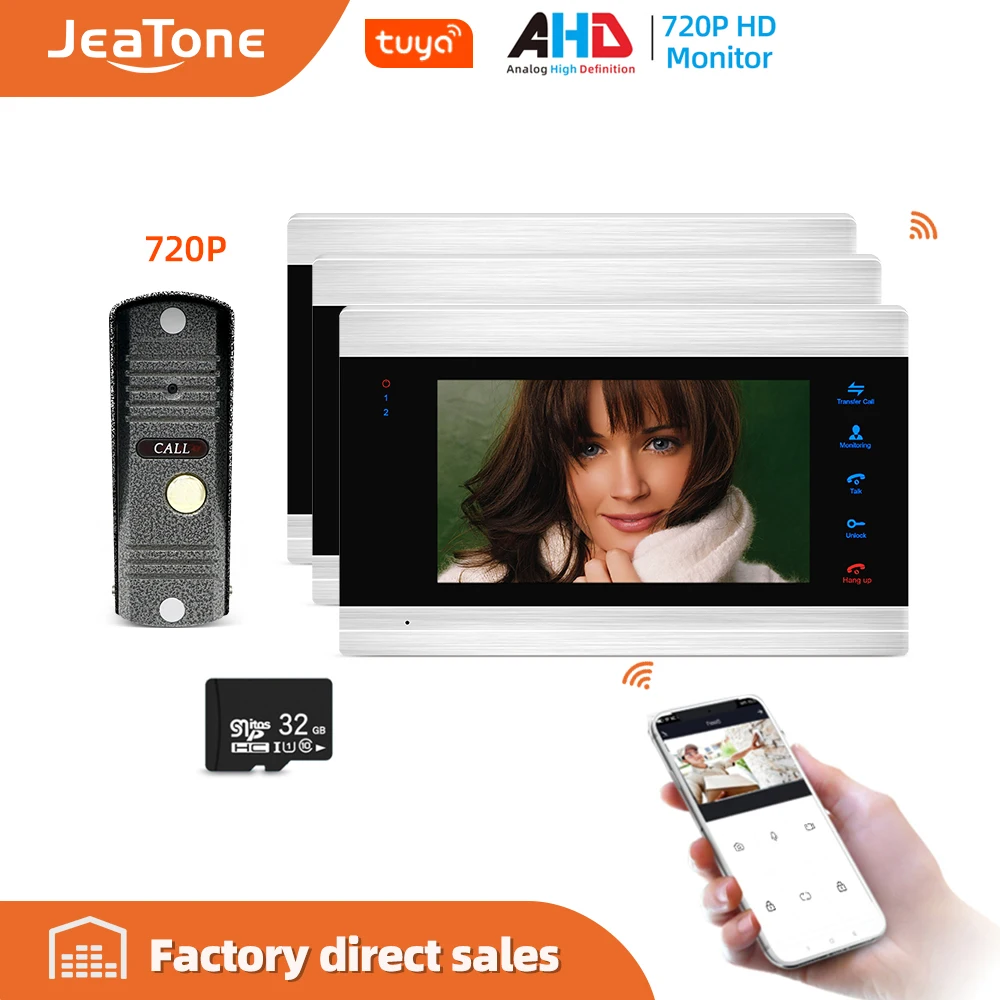 

Видеодомофон JeaTone, 7 дюймов, Wi-Fi, Tuya, IP, домофон, камера AHD, 1 МП, проводной дверной звонок, поддержка телефона, дистанционная разблокировка